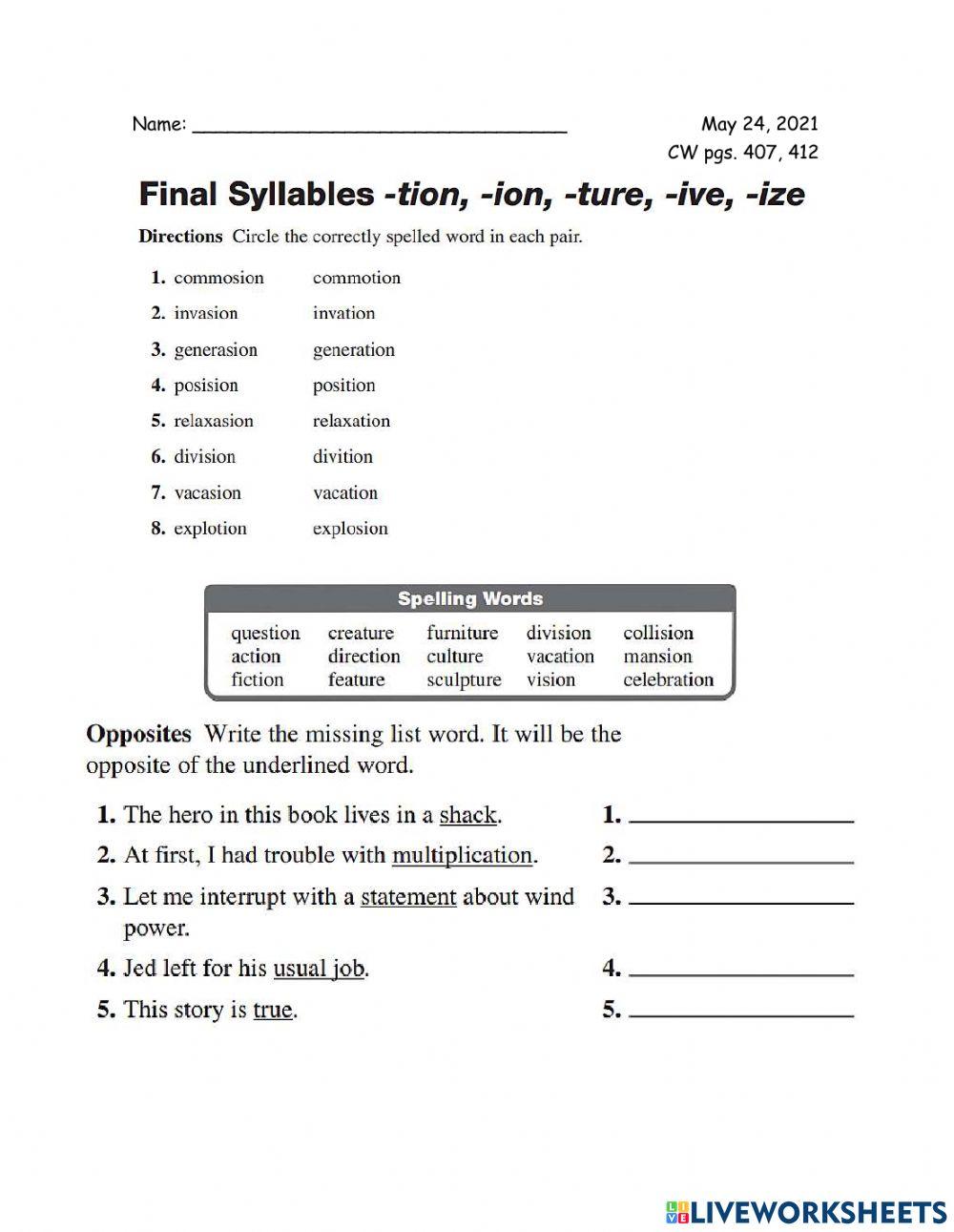 English 3rd CW 05-24