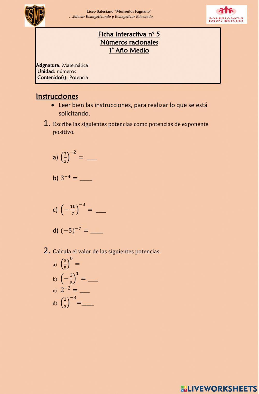 Potencia de base racional y exponente entero Potencia de base racional y exponente entero