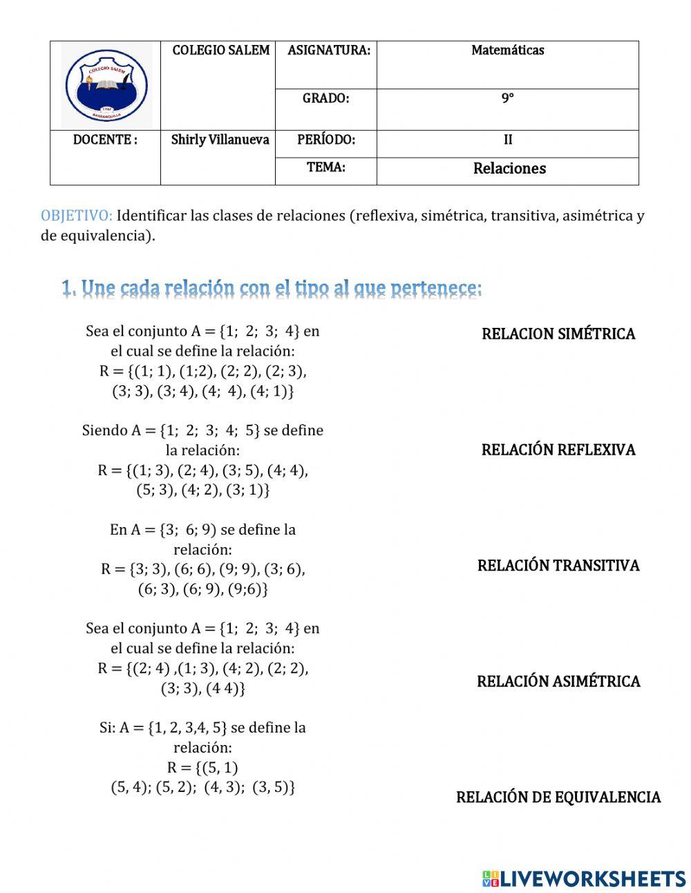 Clases de relaciones matemáticas