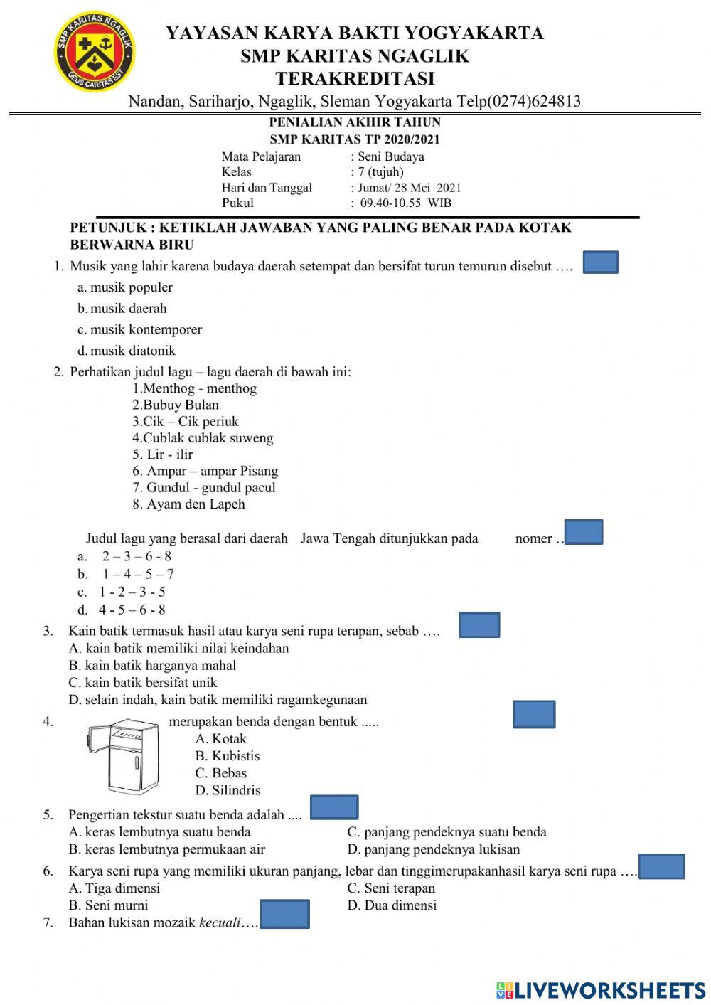 PAT seni budaya kelas 7 2020-2021