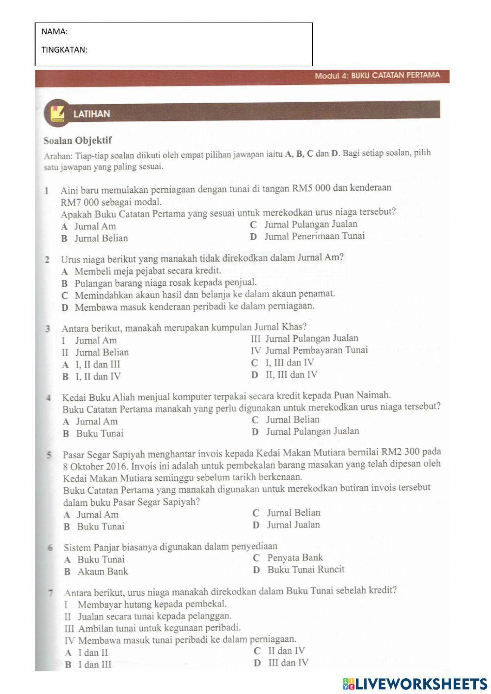 Soalan Objektif Buku Catatan Pertama