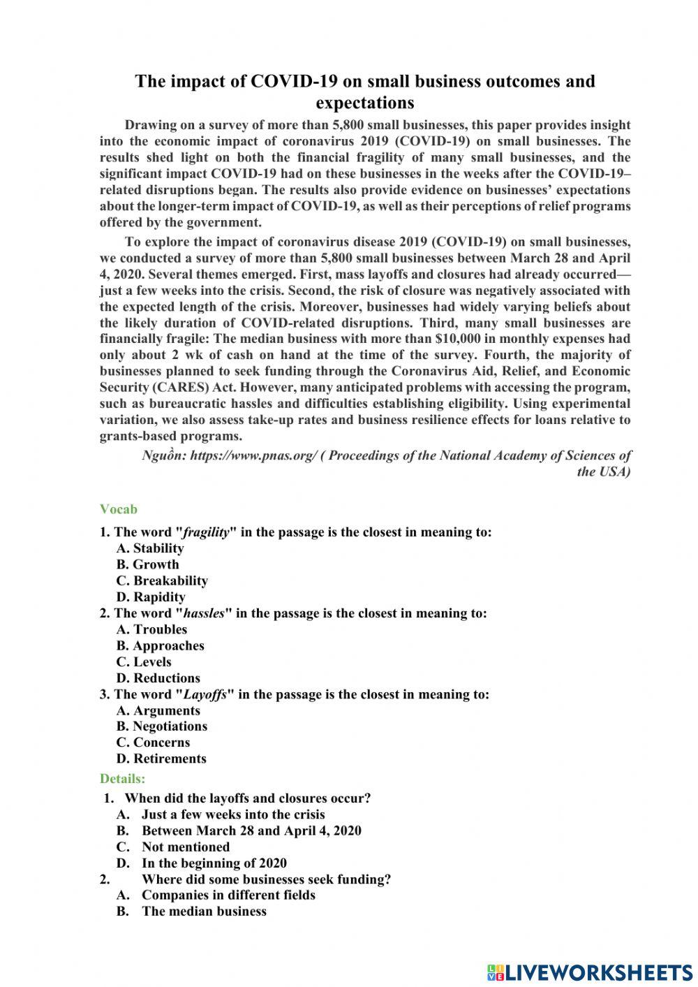 The impact of COVID-19 on small business outcomes and expectations