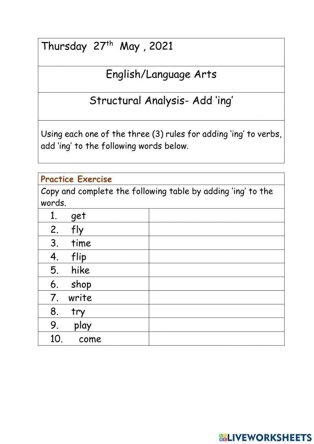 Adding 'ing' worksheet