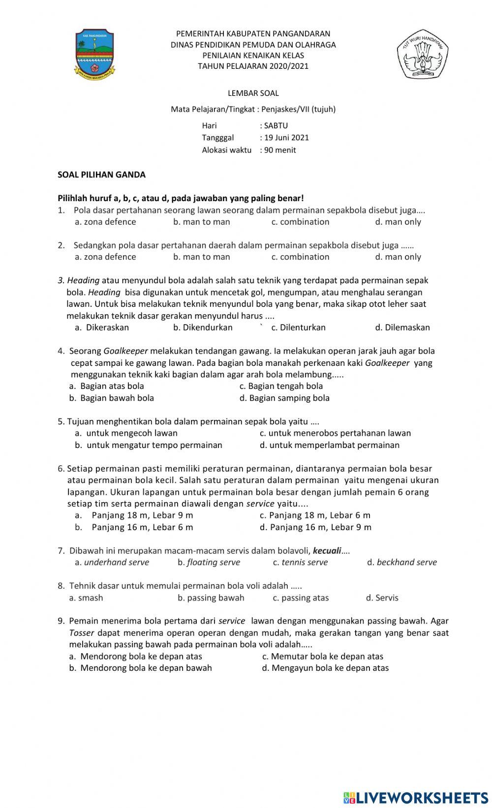 Pkk 1 pjok worksheet | Live Worksheets