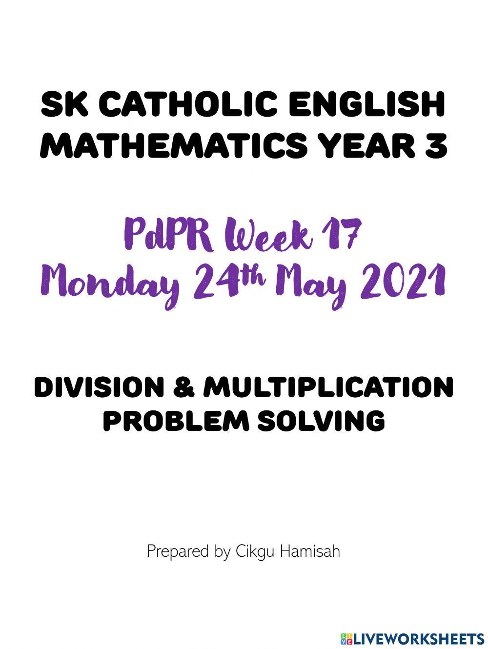 Mathematics Year 3 PdPRW17 Monday 24th May 2021 Problem Solving