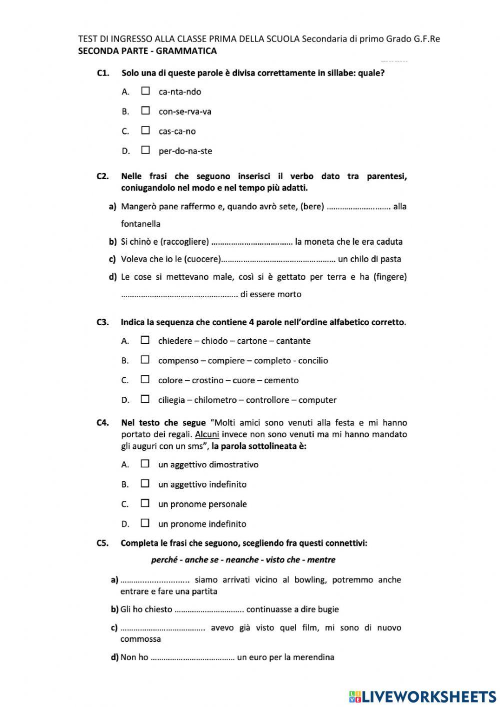 Verifica parte grammaticale ingresso secondaria