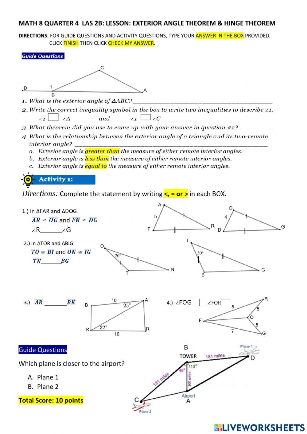 Exterior Angle Theorem Answer Key Angle Sum Property Of A Triangle