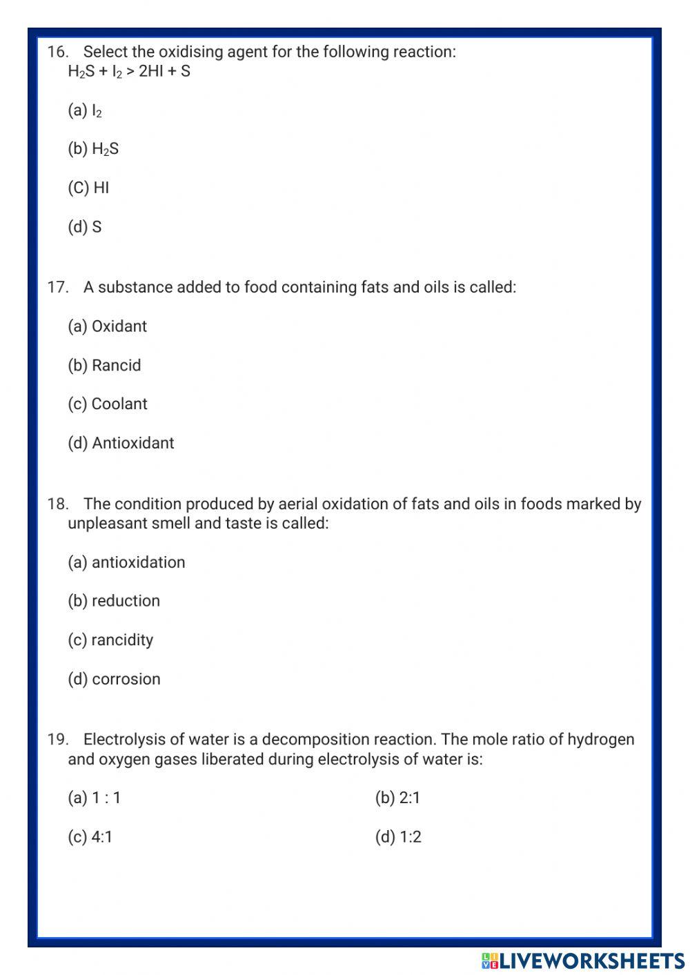 MCQ-Quiz Chapter-Chemical Reactions and Equations