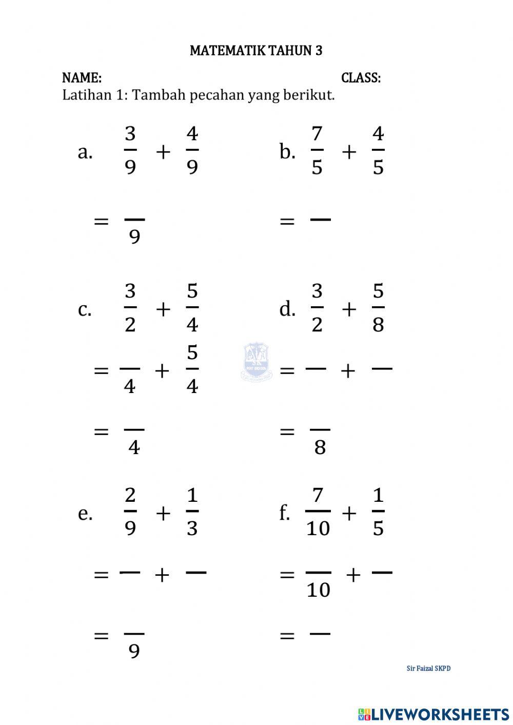 Tambah Pecahan Tahun 3