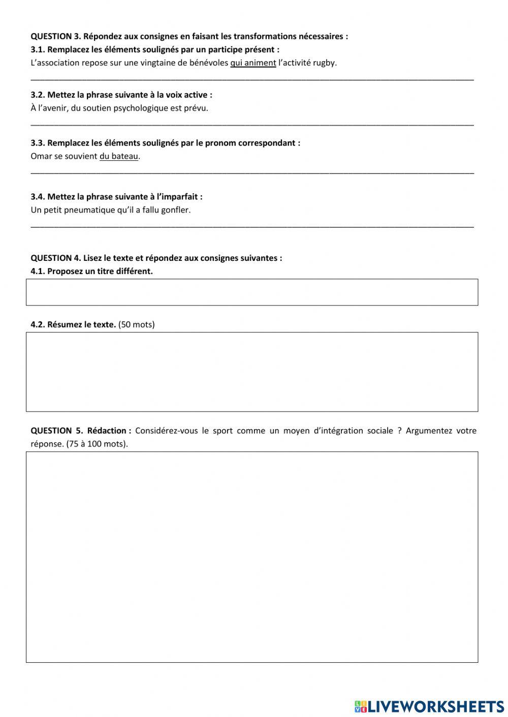 Texte: -Le rugby comme terrain d'accueil et d'intégration-