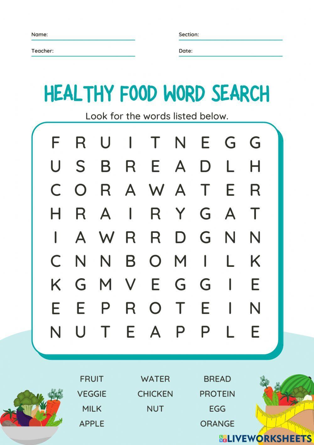 Healthy food wordsearch