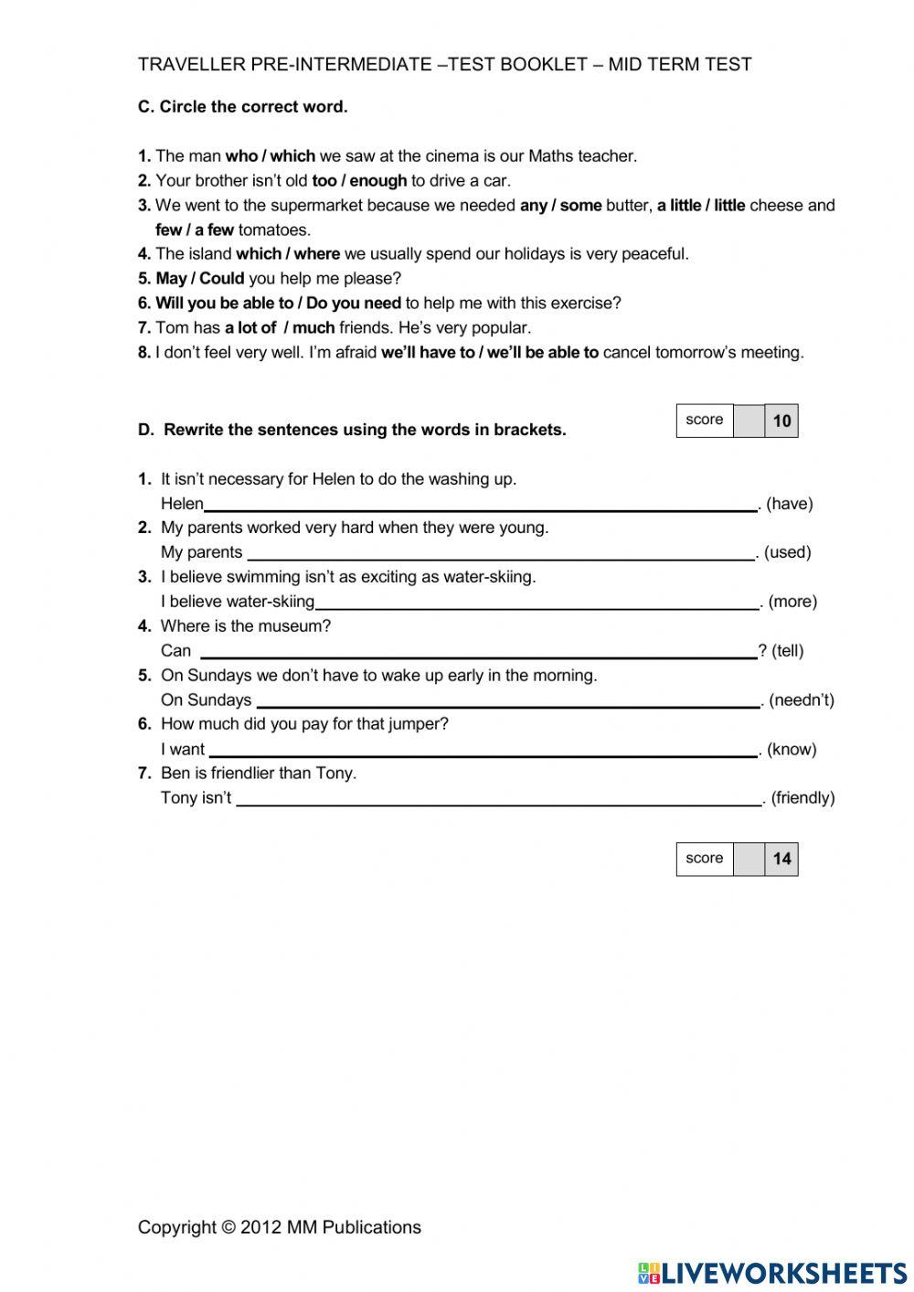Traveller Pre-Int Mid Term Test