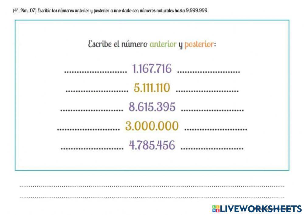 Posterior y Anterior de Números Millones