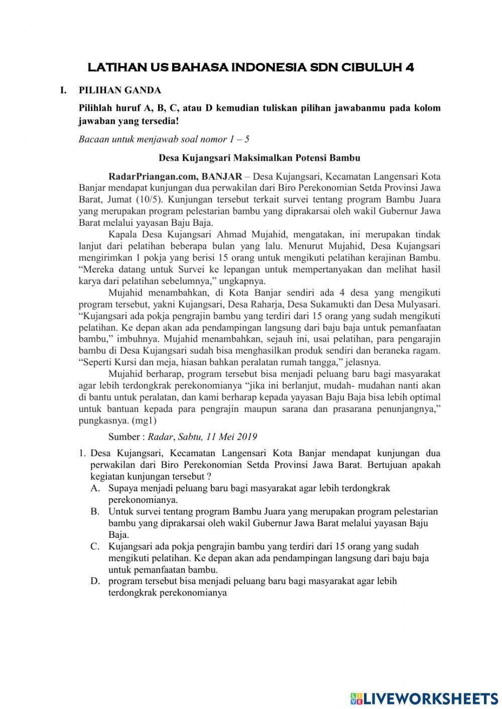 Soal Latihan Ujian Sekolah Bahasa Indonesia