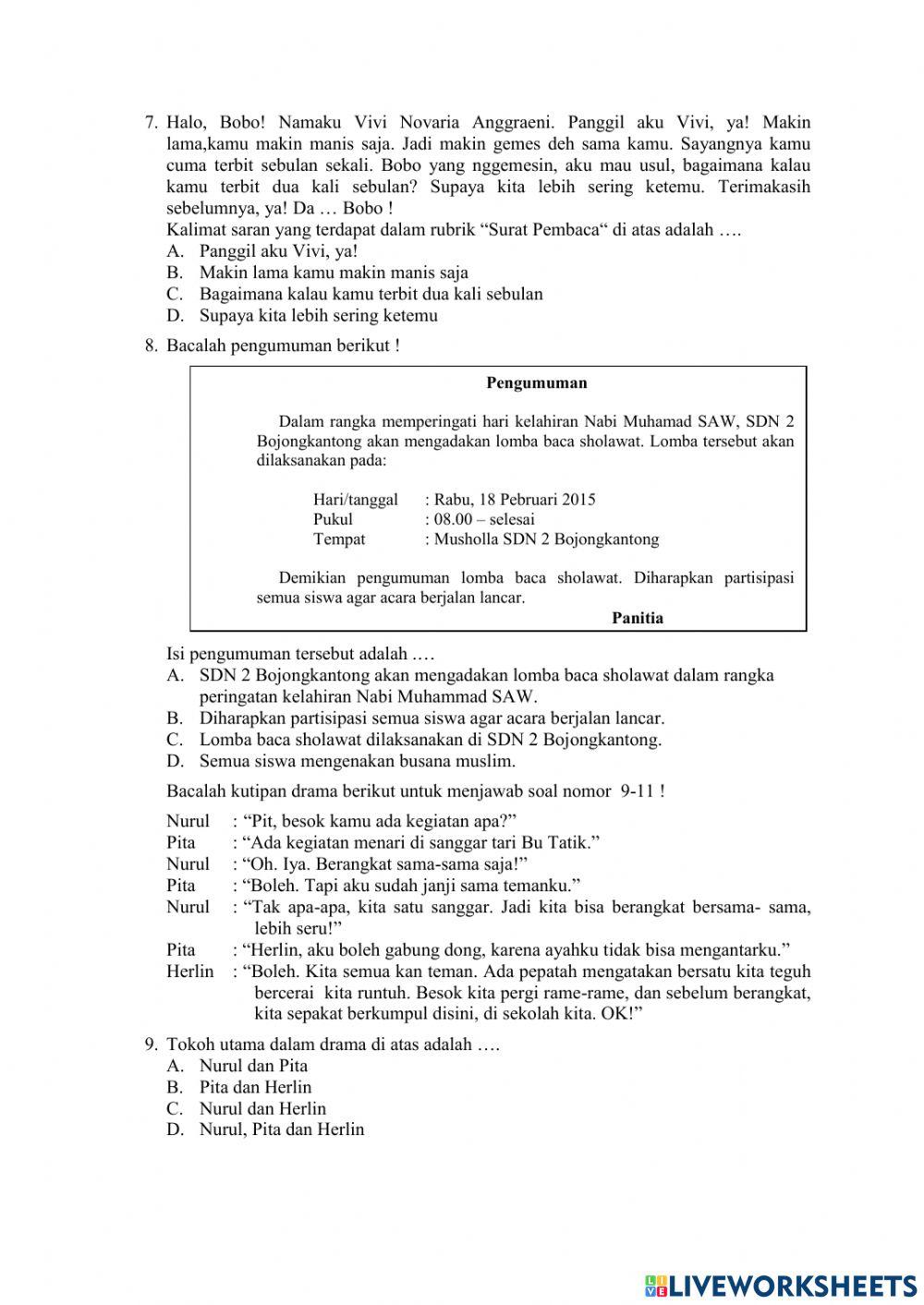 Soal Latihan Ujian Sekolah Bahasa Indonesia
