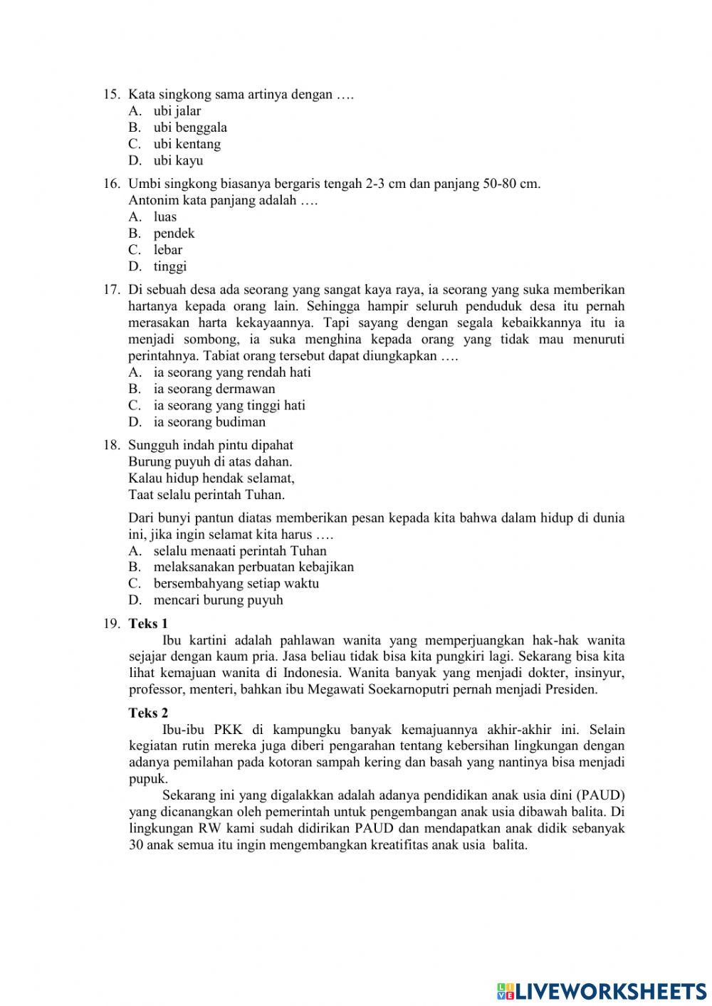 Soal Latihan Ujian Sekolah Bahasa Indonesia