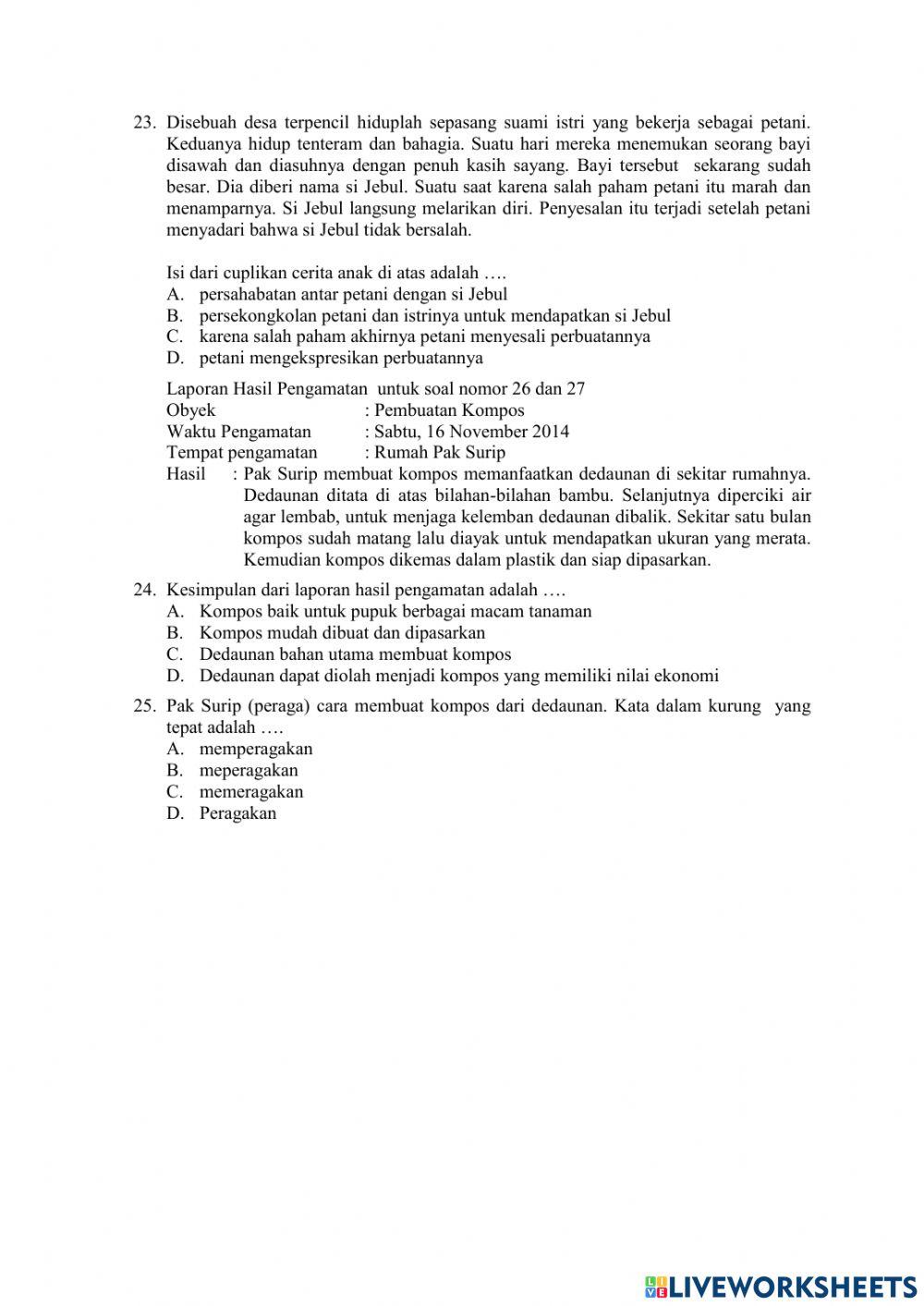 Soal Latihan Ujian Sekolah Bahasa Indonesia