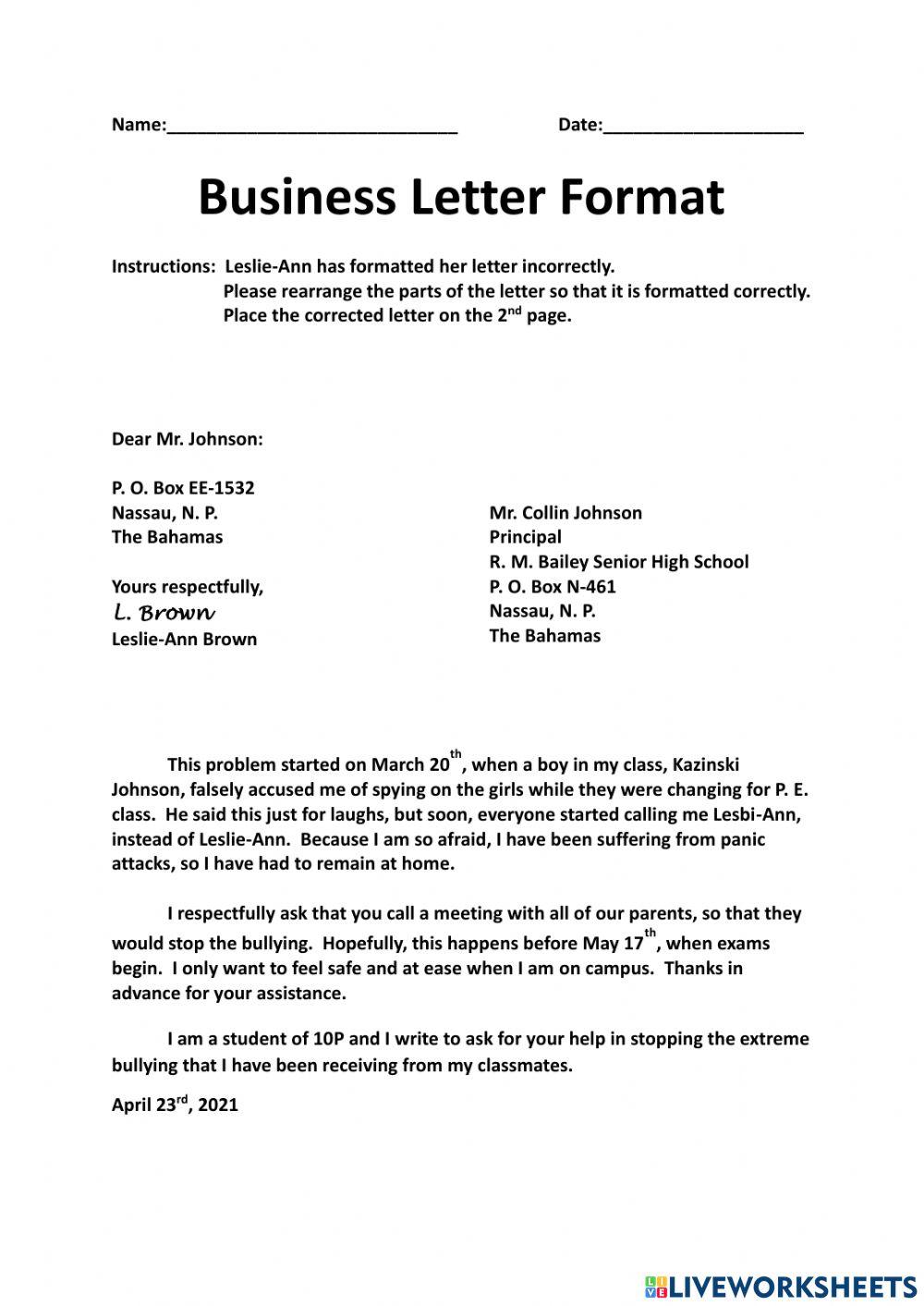 Business Letter Parts Shuffle
