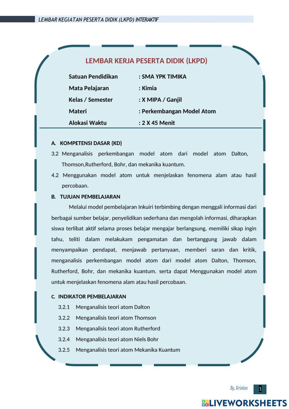 LKPD Perkembangan Teori atom