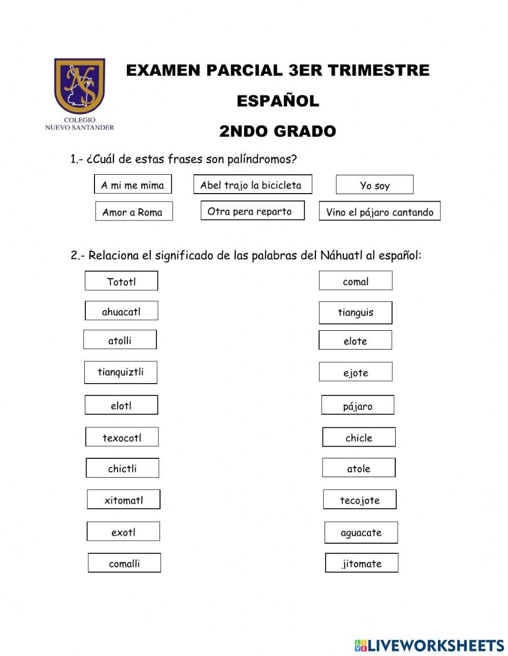 EXAMEN PARCIAL ESPAÑOL 2NDO online exercise for