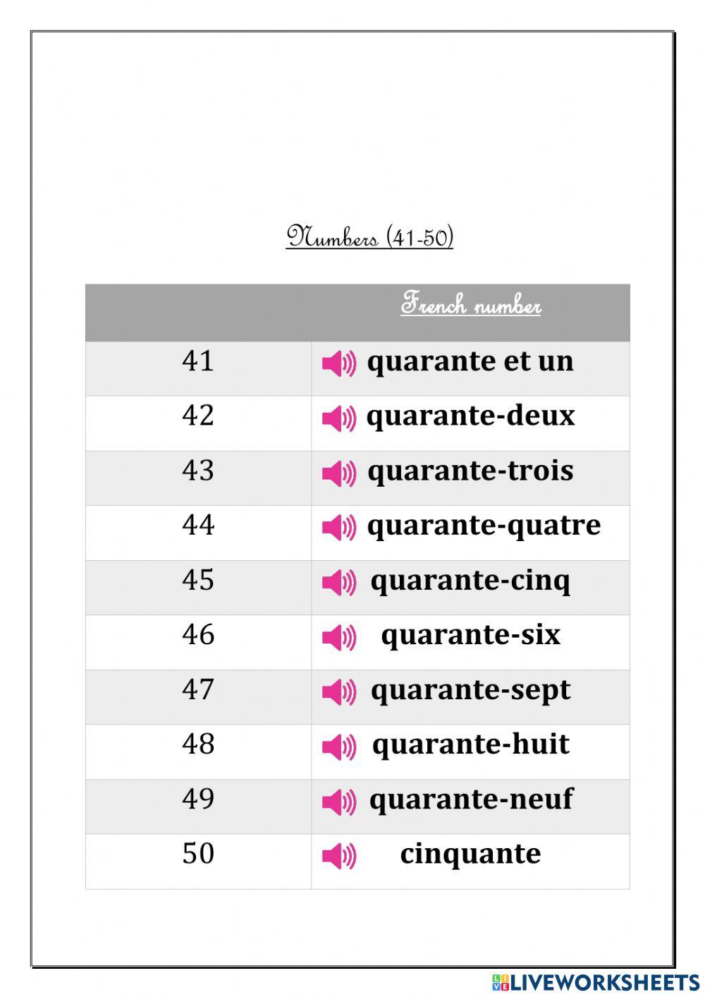 About school and numbers (41-50) in French