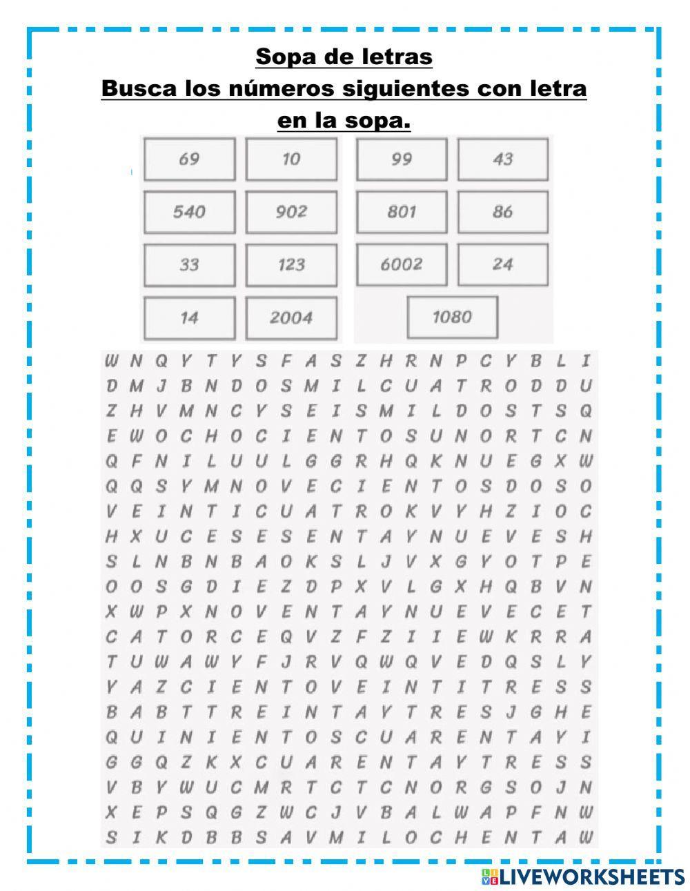 Sopa de eltras con numeros en letra