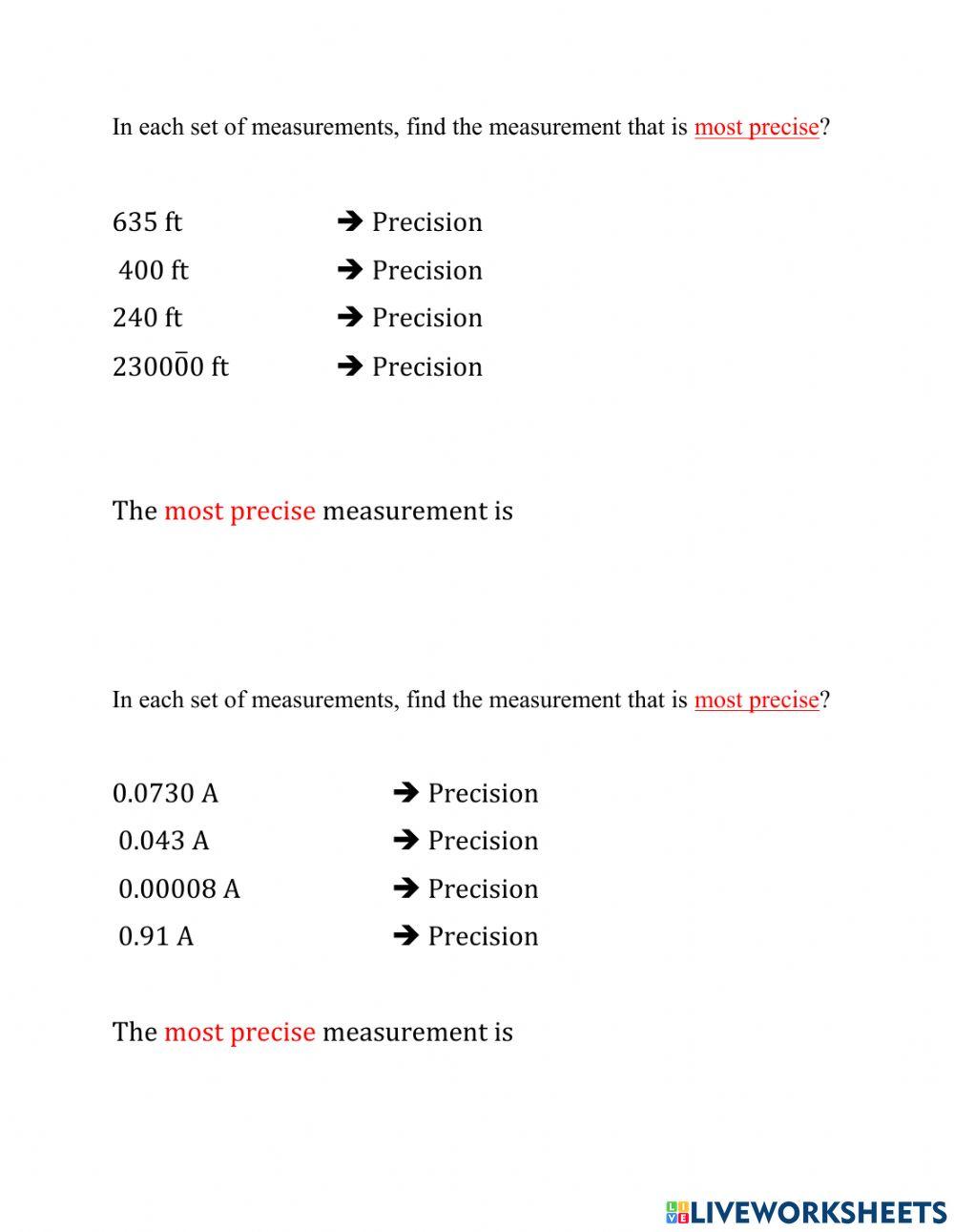 Least and most Accurate and Precise worksheet | Live Worksheets