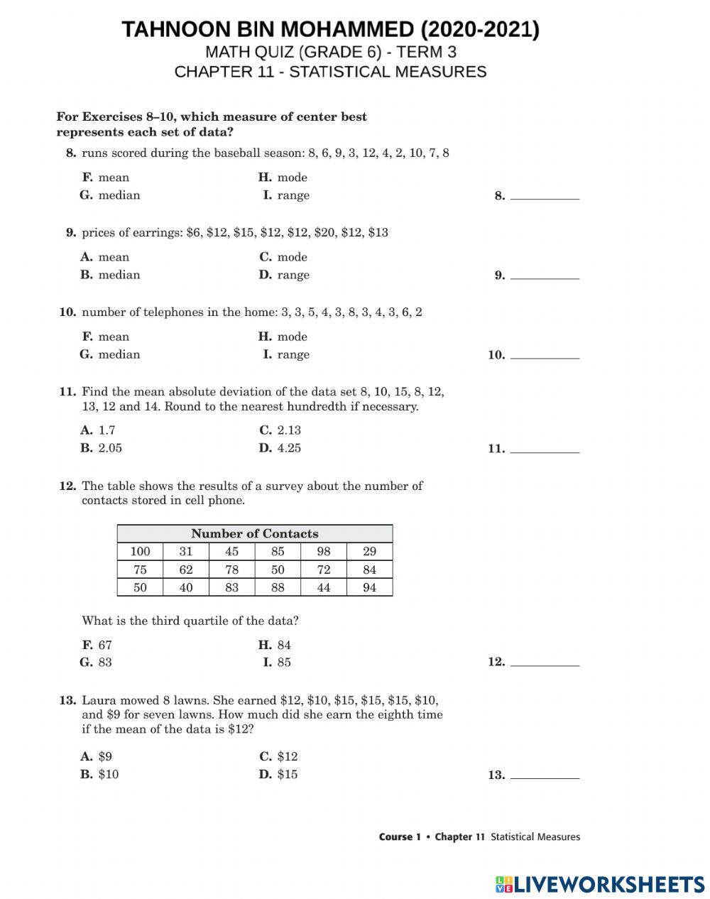 Math  worksheet - chapter 11 - statistical measures
