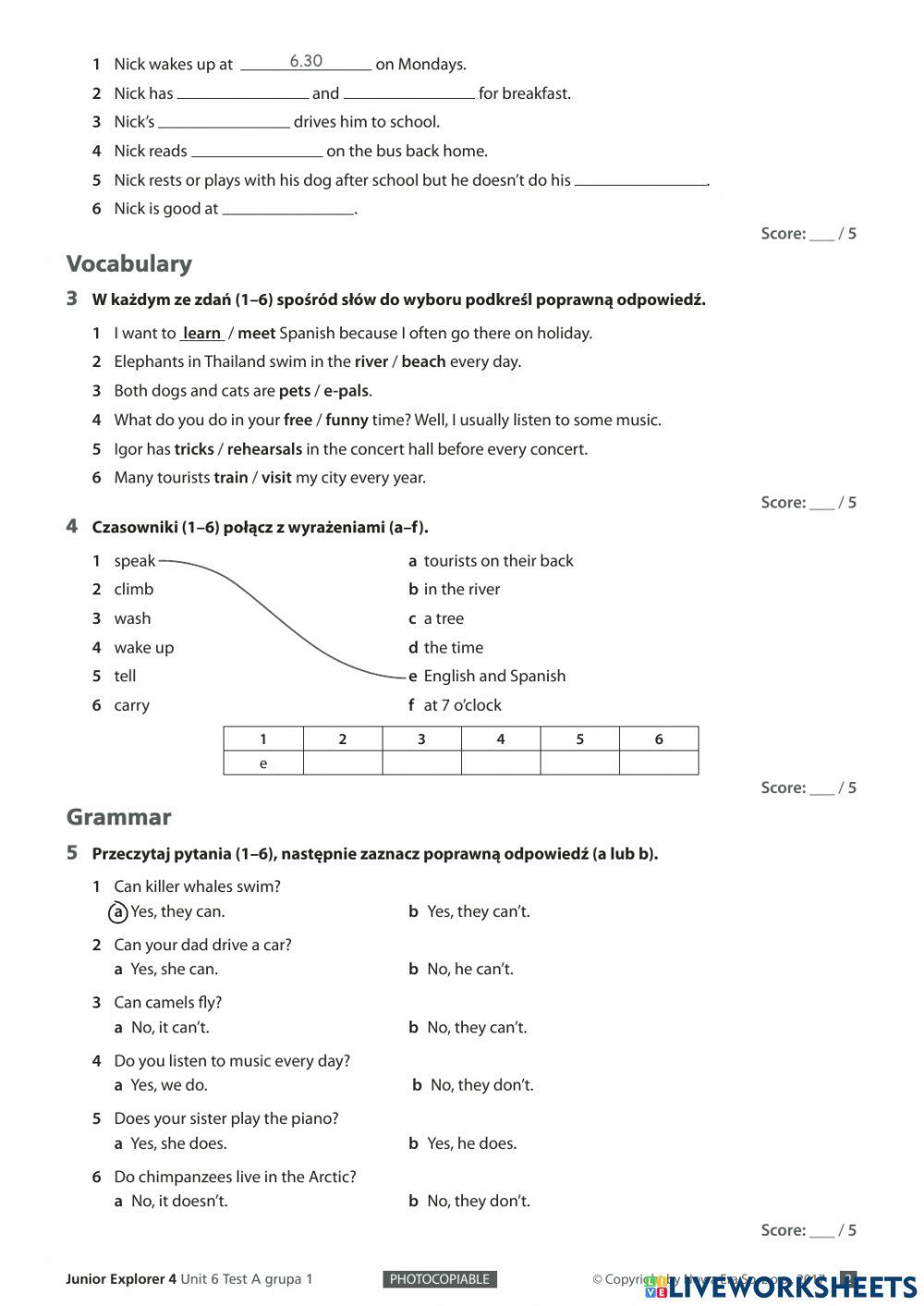 junior explorer 4 unit 6 test