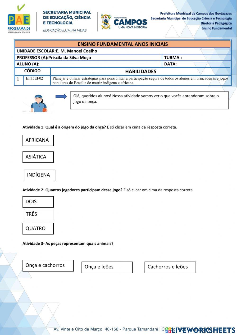 Jogo da Onça 3º ano