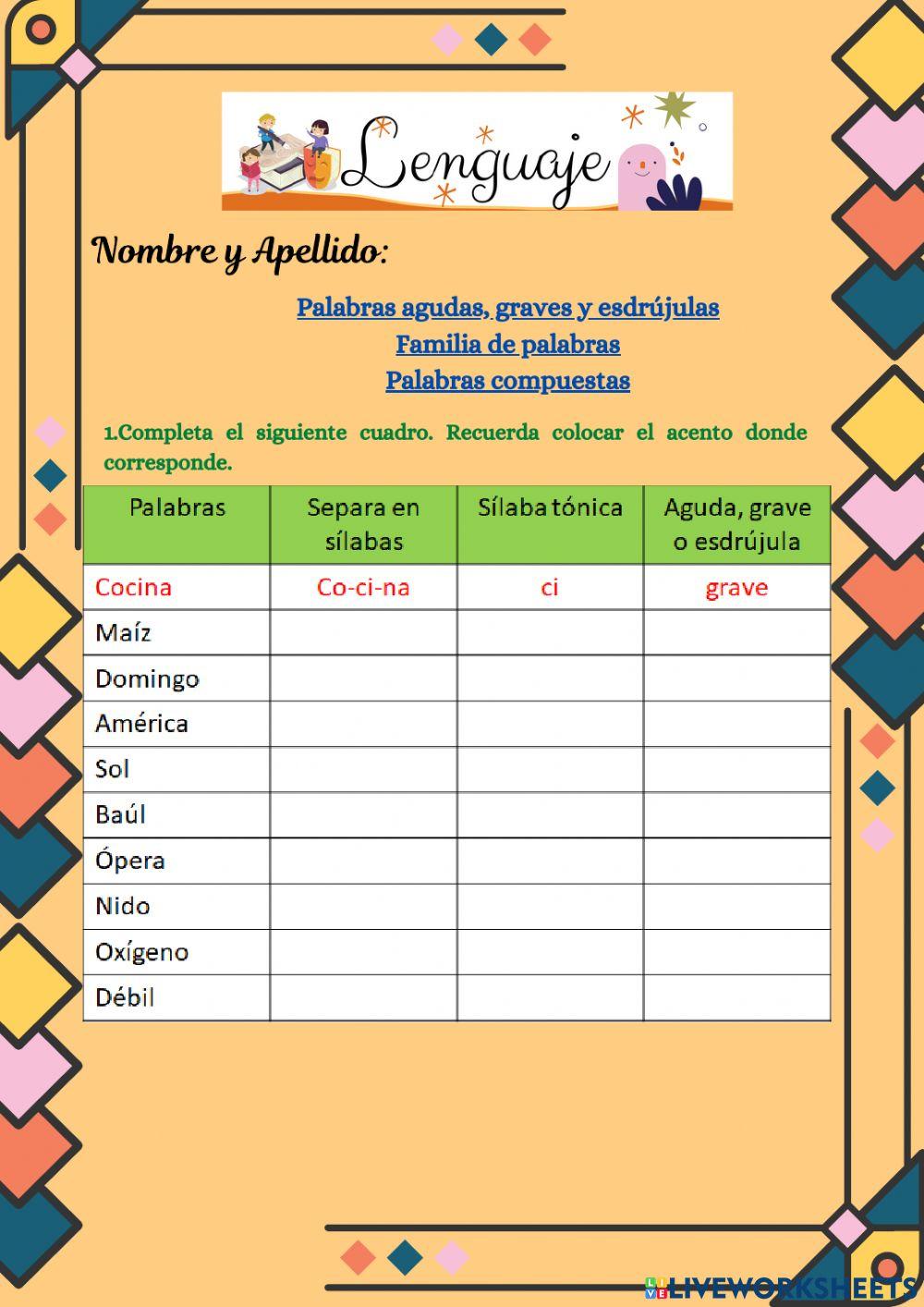 Sílaba tónica. familia de palabras