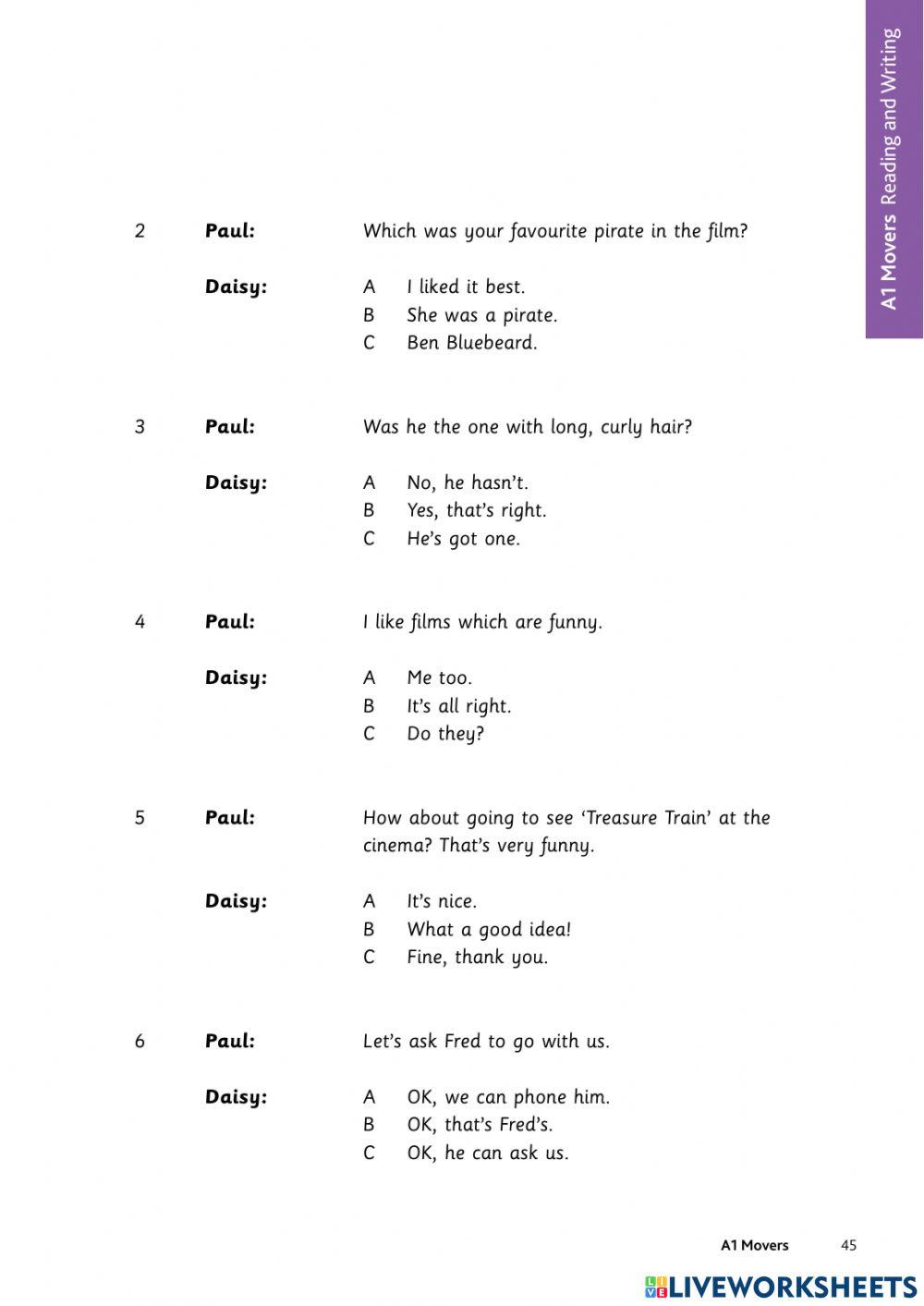 Movers Reading - Writing Parts 1 2 3