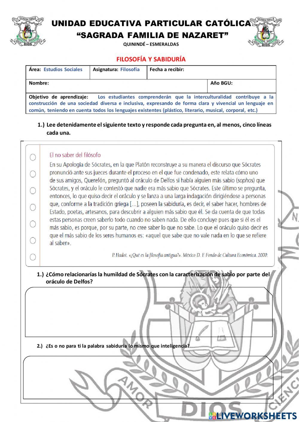 Ficha interactiva - Filosofía y sabiduría Ficha interactiva - Filosofía y sabiduría