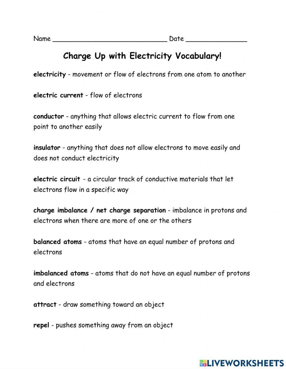 Electricity Information and Vocabulary