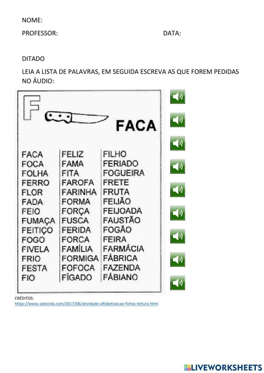 Auto ditado ficha de leitura letra f