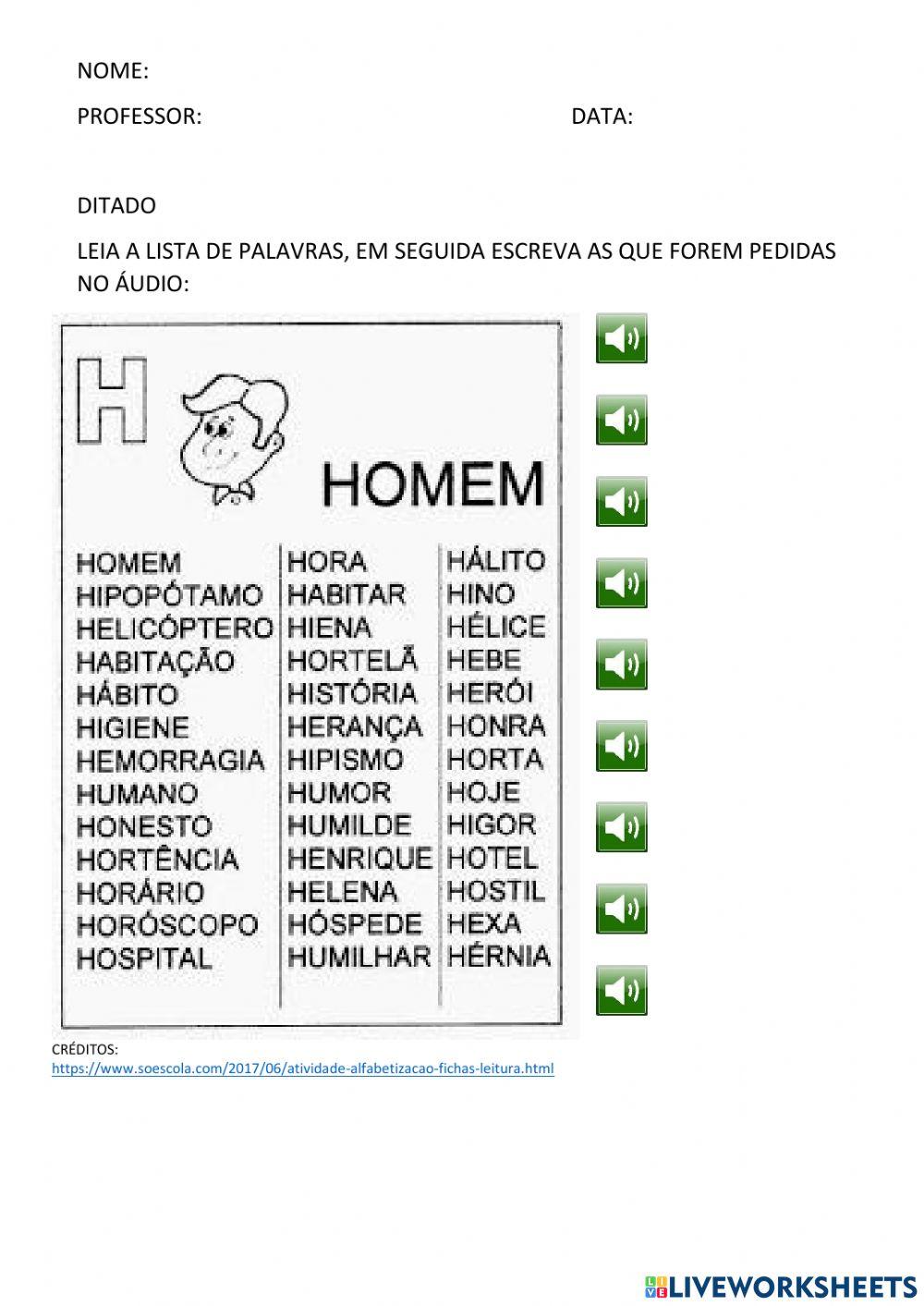 AUTO DITADO FICHA DE LEITURA LETRA H