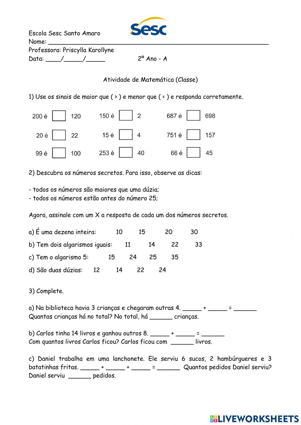 Matemática - Maior, Menor e Igual worksheet