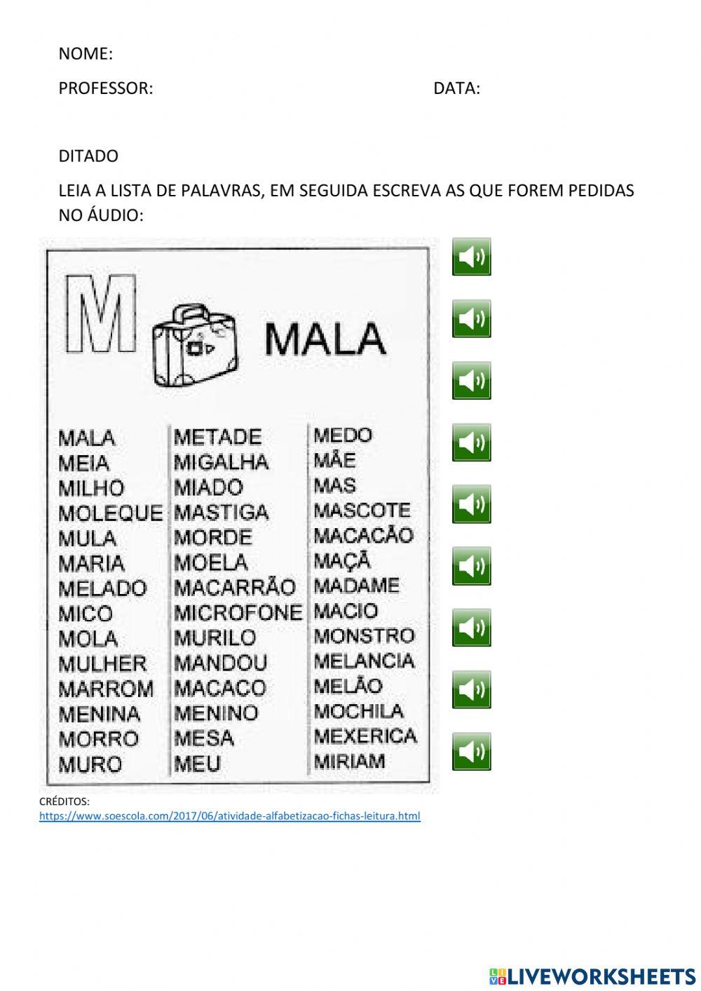 Auto ditado ficha de leitura letra m