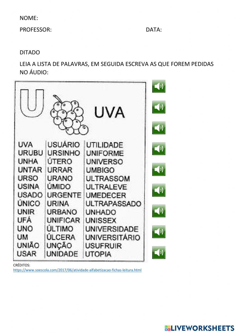 Auto ditado ficha de leitura letra u