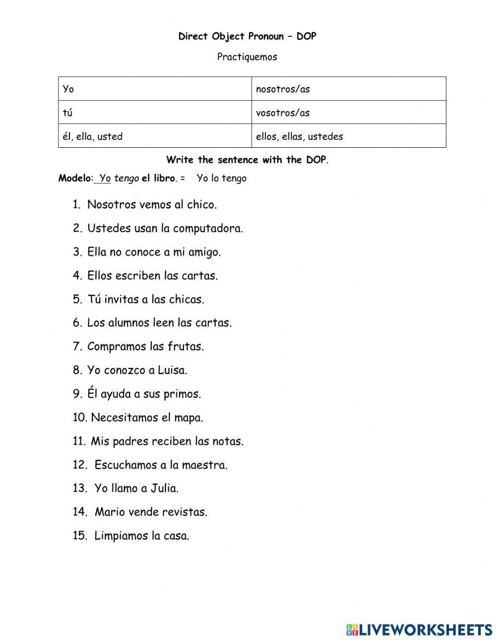 Spanish DO Pronoun Practice worksheet