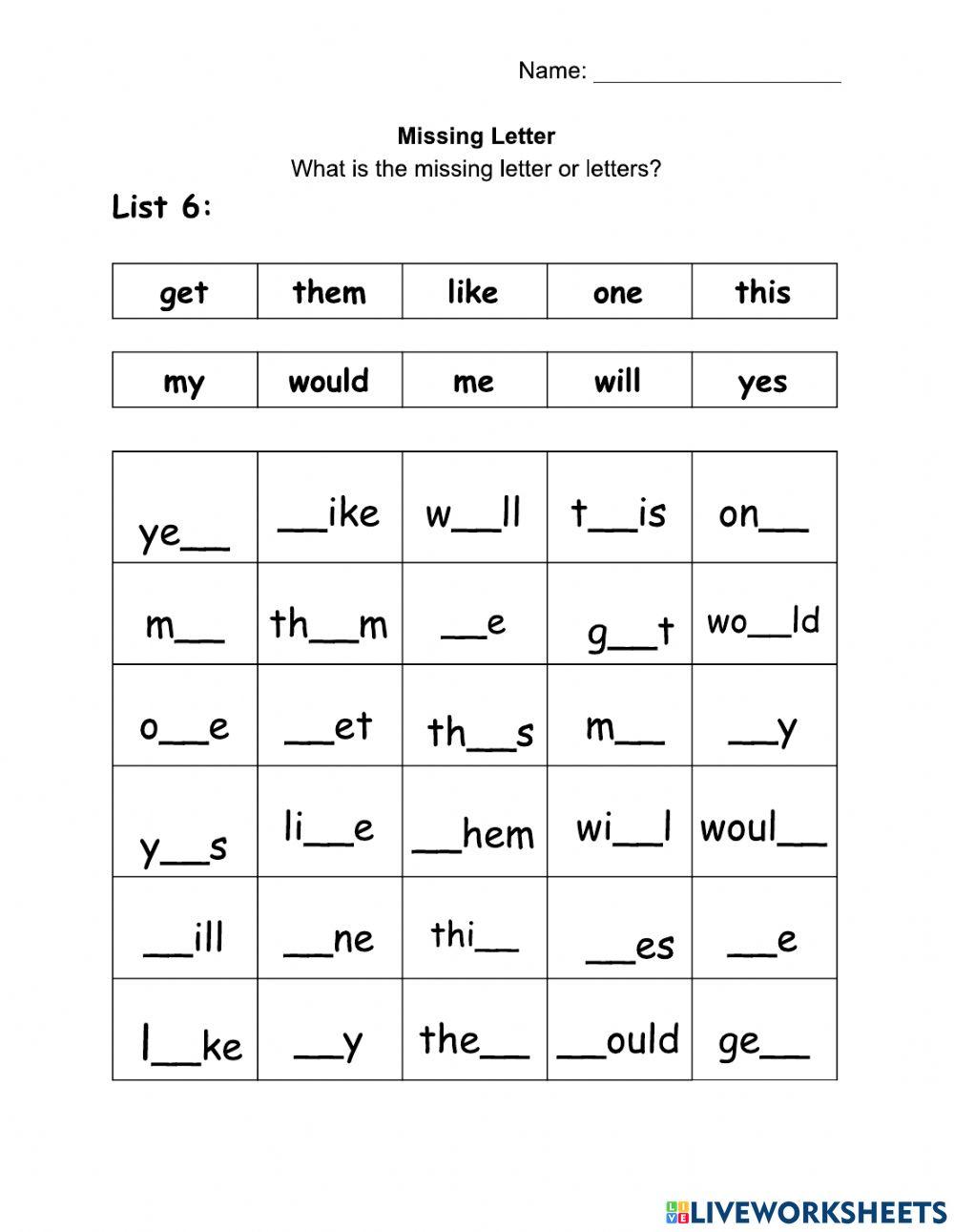 WOW - List 6 - 10 Words - Missing Letters