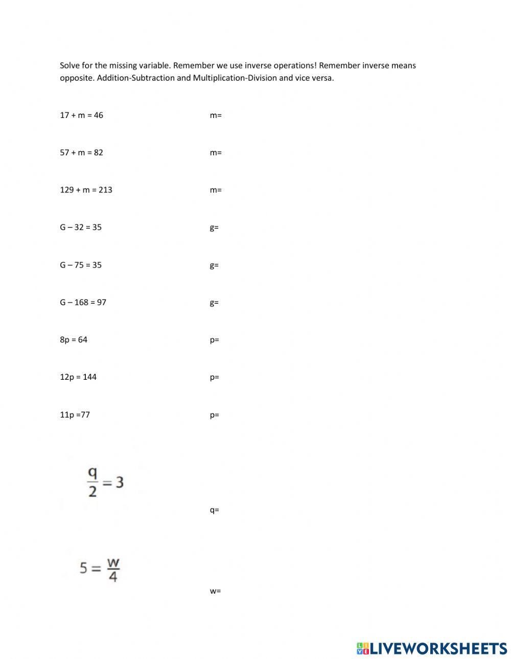 One Step Equations: Inverse Operations