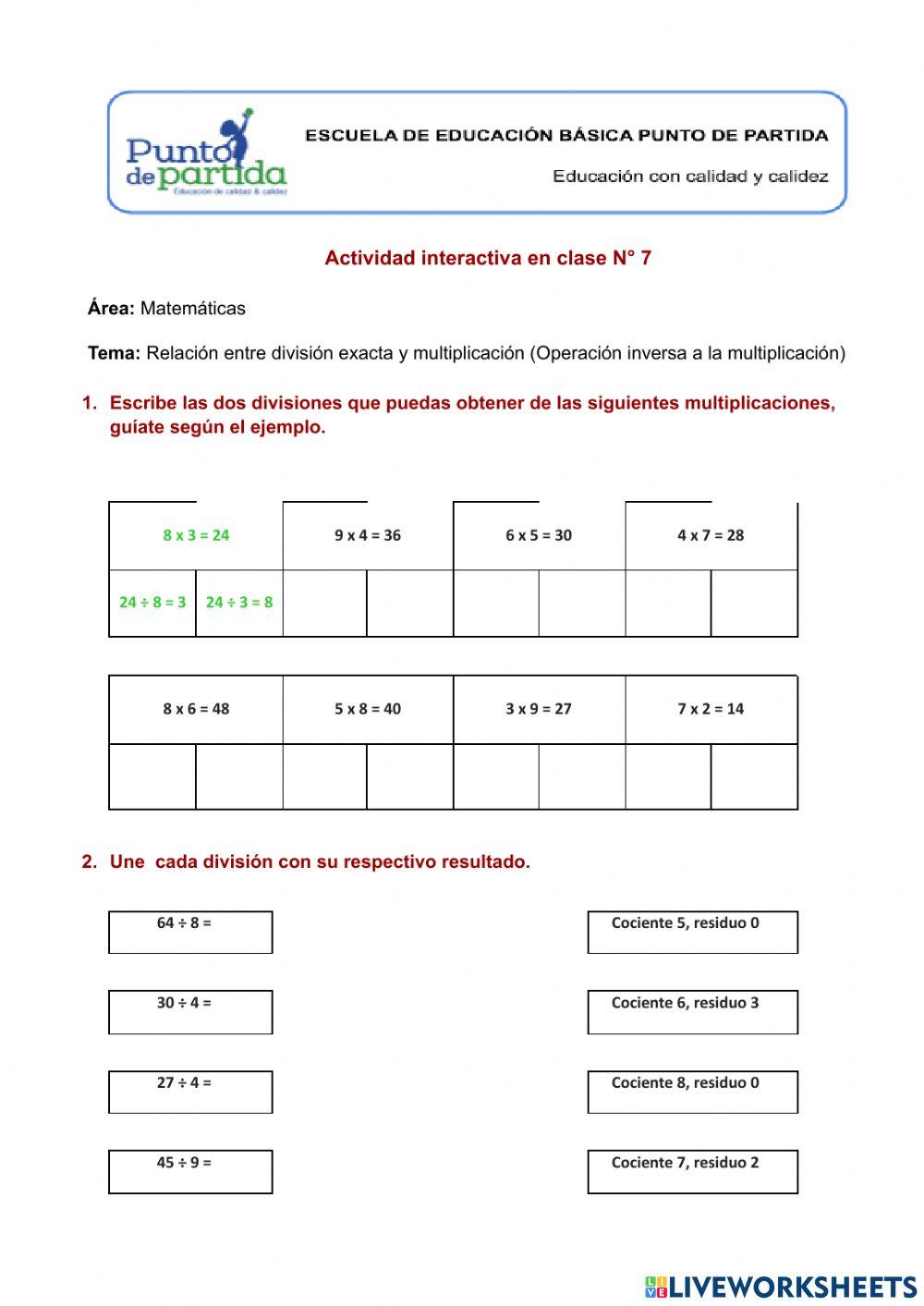 Relación entre división exacta y multiplicación (Operación inversa a la multiplicación)
