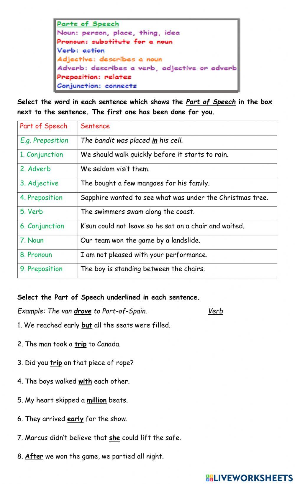 Sentence structure and parts of speech worksheets