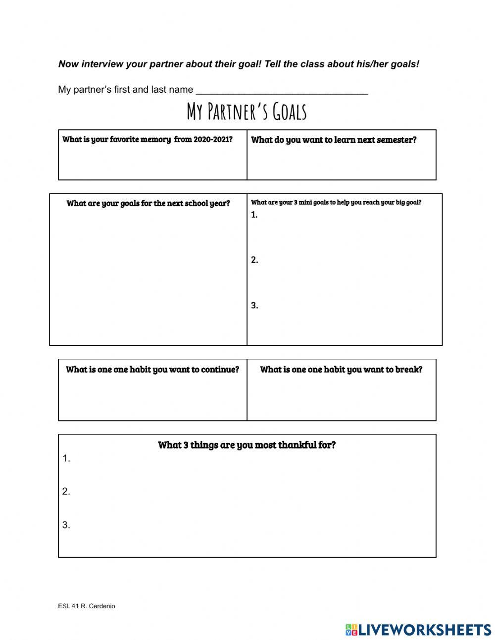 Goal Planning Sheet with Interview a Partner