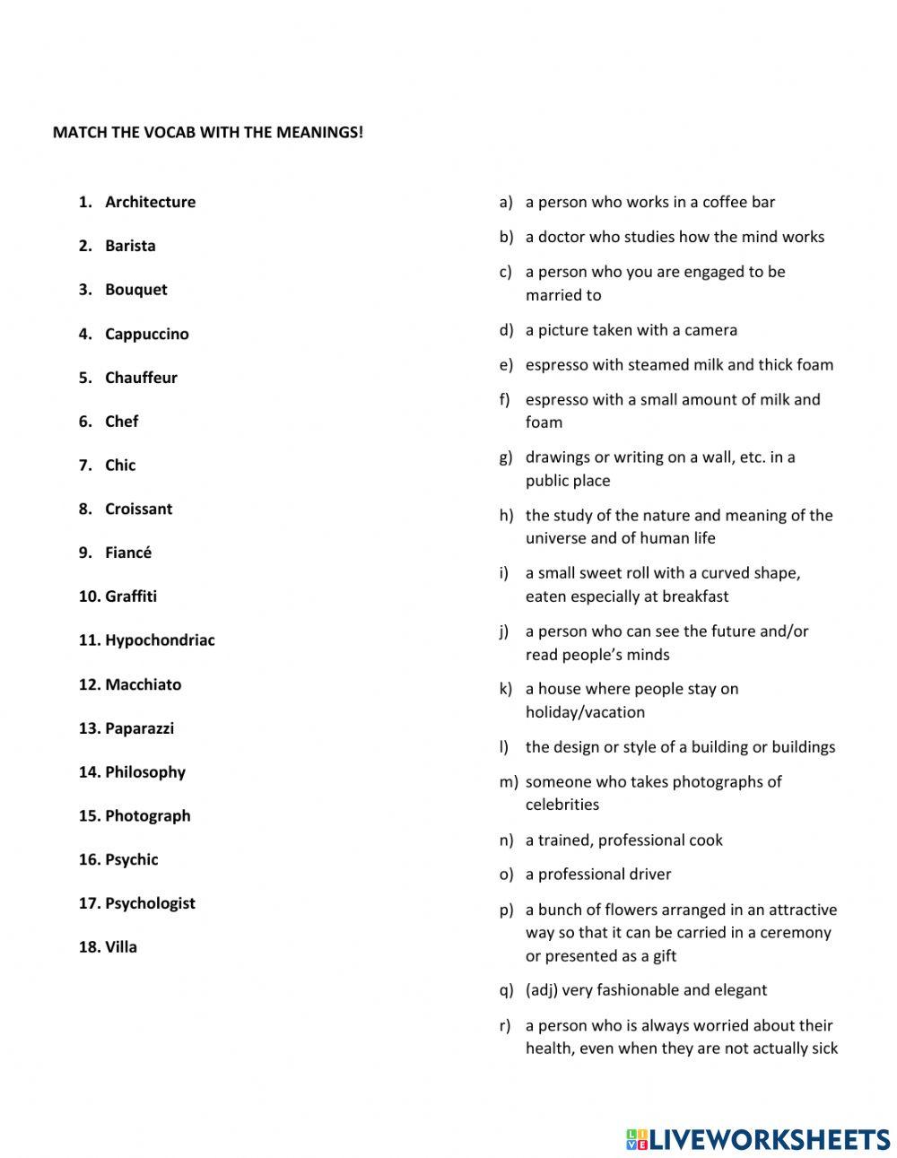 Borrowed Words (from Italian Greek French) online exercise for Live