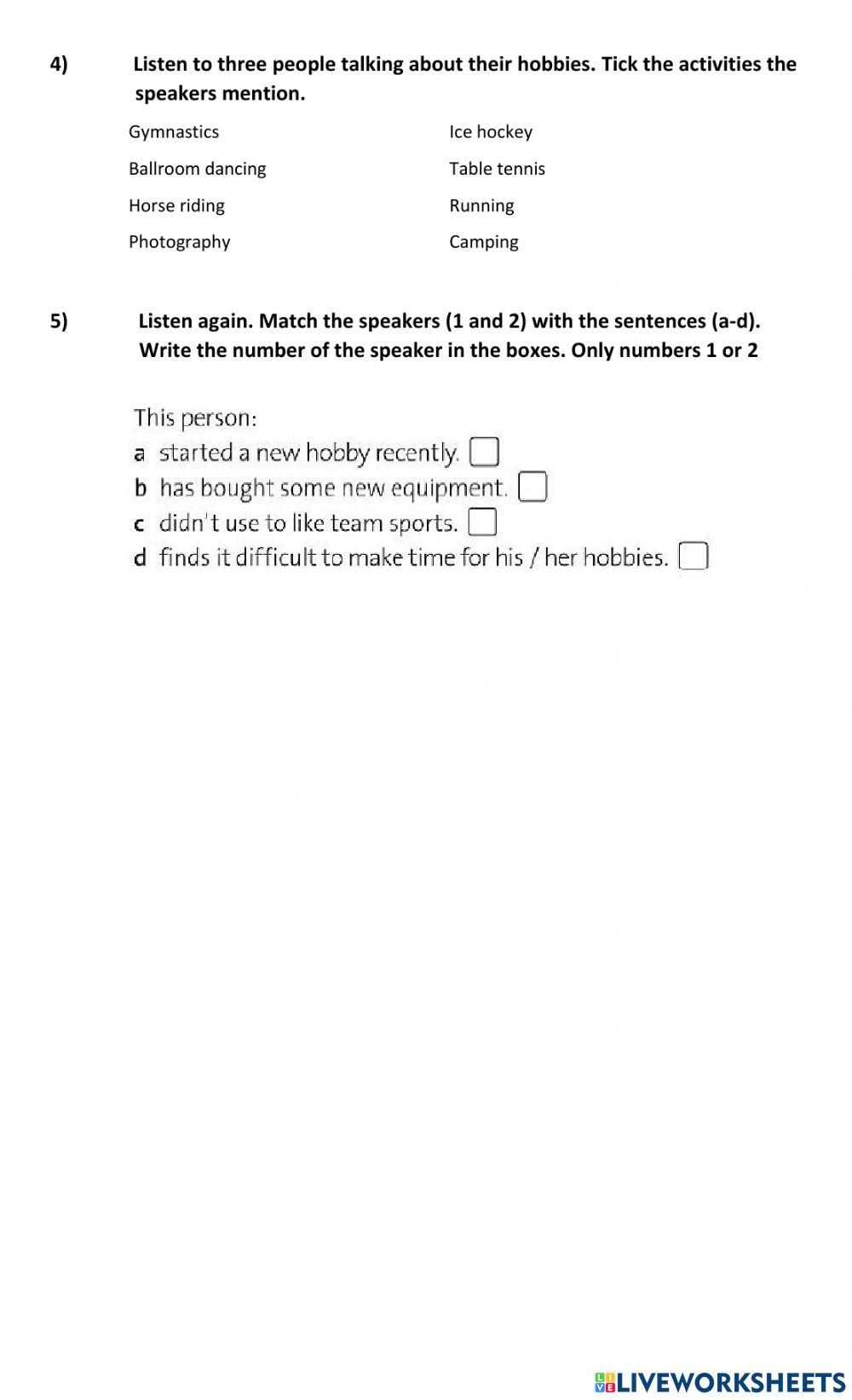 Hobbies and Interest Unit 2A