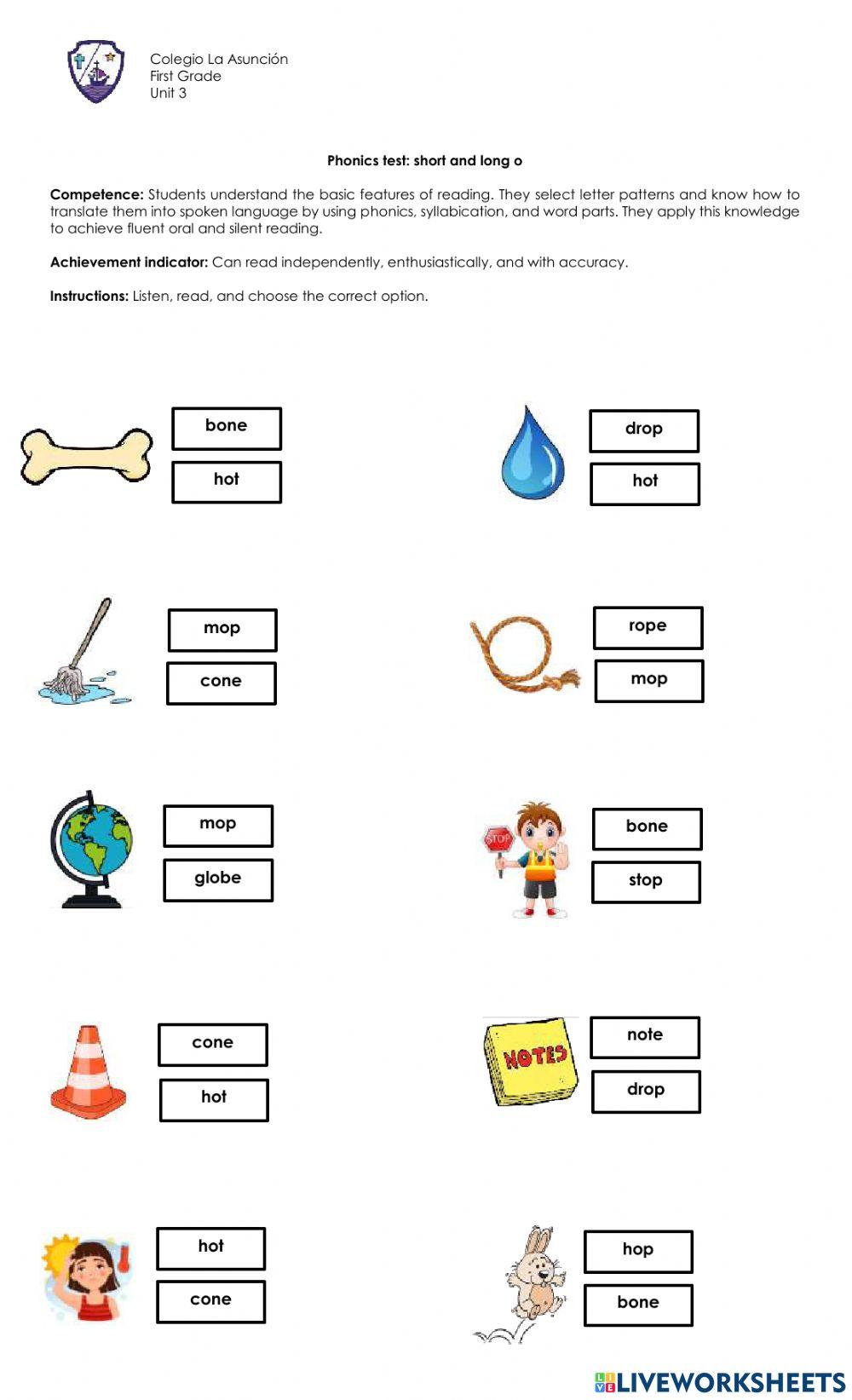 Phonics test: short and long o