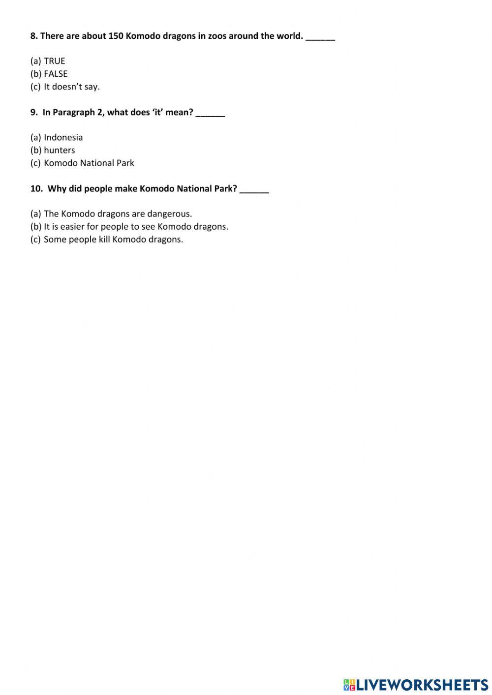 Reading Classwork about Komodo Dragon