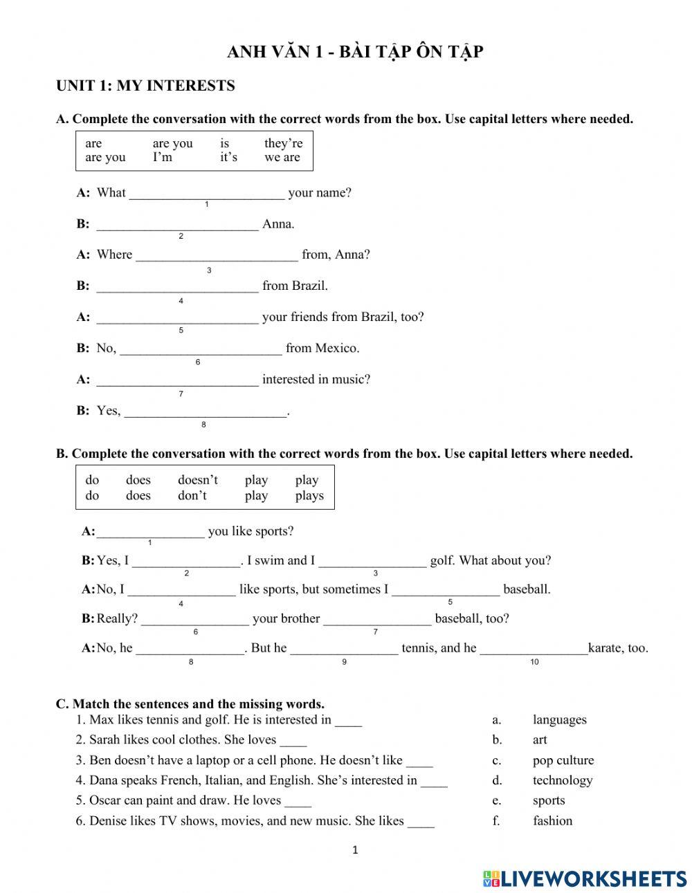English 1 - REVISION - UNIT 1